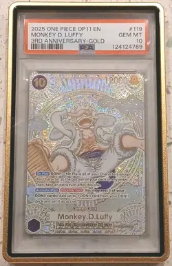 2025 ONE PIECE OP 11 EN MONKEY D LUFFY 3RD ANNIVERSARY GOLD PSA 10 - Image 1