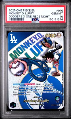 2025 ONE PIECE PROMO EB02 010 DODGERS X ONE PIECE NIGHT MONKEY D LUFFY PSA 10 - Image 1