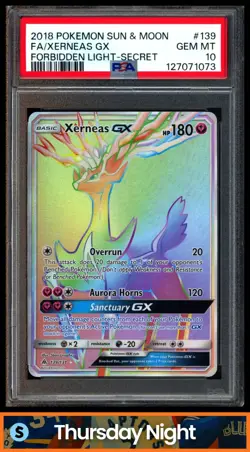 2018 POKEMON SUN & MOON FORBIDDEN LIGHT #139/131 XERNEAS GX FA SECRET PSA 10 - Image 1