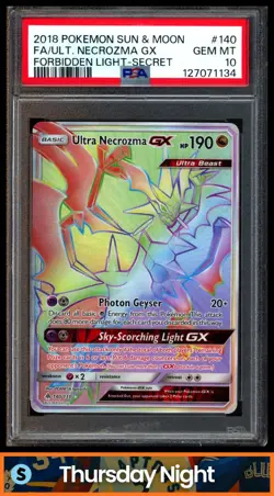 2018 POKEMON SUN & MOON FORBIDDEN LIGHT #140/131 NECROZMA GX FA SECRET PSA 10 - Image 1