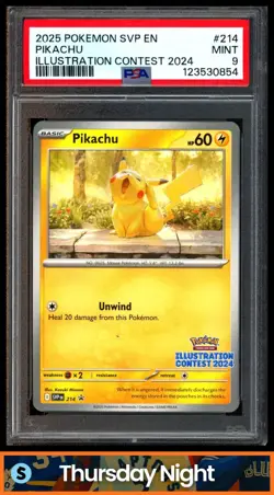 2025 POKEMON SV BLACK STAR PROMOS SVP EN #214 PIKACHU ILLUSTRATION CONTEST PSA 9 - Image 1