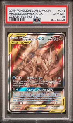 2019 POKEMON SUN & MOON COSMIC ECLIPSE ARCEUS DIALGA & PALKIA GX #221 PSA10 - Image 1