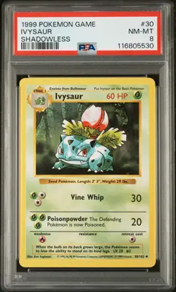 1999 POKEMON BASE SET SHADOWLESS #30 IVYSAUR PSA 8 - Image 1