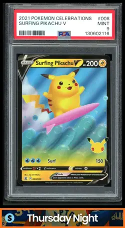 2021 POKEMON SWORD & SHIELD CELEBRATIONS #008/025 SURFING PIKACHU V PSA 9 - Image 1