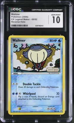 CGC 10 GEM MINT Wailmer EX Legend Maker 69/92 Reverse Holo STAMPED Pokemon Card - Image 1