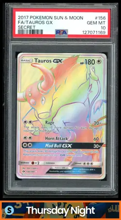 2017 POKEMON SUN & MOON BASE #156/149 TAUROS GX SECRET RARE PSA 10 GEM MINT - Image 1