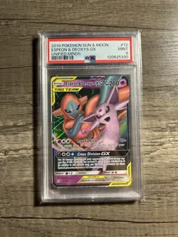 2019 POKEMON SUN & MOON ESPEON & DEOXYS GX UNIFIED MINDS PSA 9 - Image 1
