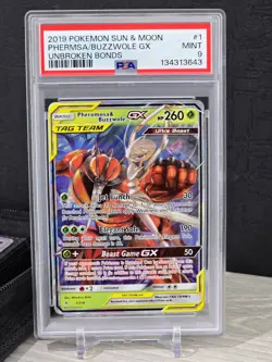Pokemon Card Pheromosa & Buzzwole GX 1/214 Sm-Unbroken Bonds Tag Team Holo PSA 9 - Image 3