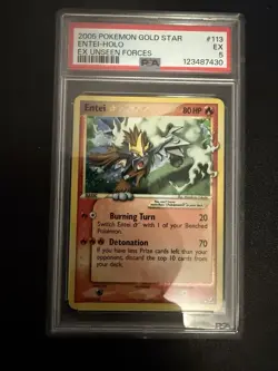 2005 Pokemon Entei Gold Star Holo #113 EX Unseen Forces PSA - Image 1