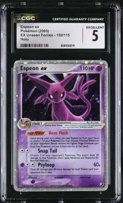 2005 Pokemon Ex Espeon Ex Holo Unseen Forces #102 CGC 5 - Image 1