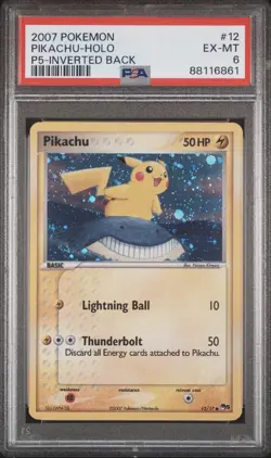 2007 Pokemon Pikachu Holo Inverted Back Error Pop Series 5, Card 12/17 PSA 6 - Image 1