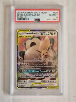2019 POKEMON SUN & MOON TEAM UP #120 EEVEE & SNORLAX GX PSA 10 - Image 1