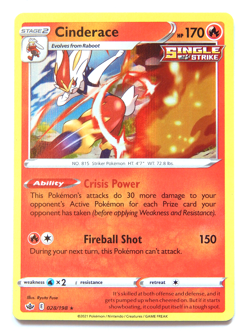 Cinderace 028/198 (NM, Pokemon Card, Chilling Reign, 2021, Fire, Holo Rare) - Image 1