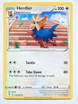 Herdier 134/203 (NM, Pokemon Card, Evolving Skies 2021, Colorless, Uncommon) - Image 1