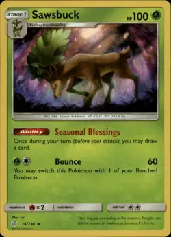 2x (SM12-016) Sawsbuck (Rare Holo) Pokemon Cosmic Eclipse Card # 16 - Image 1