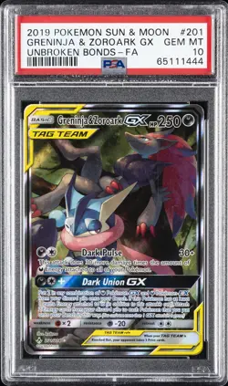 2019 POKEMON SUN & MOON UNBROKEN BONDS FULL ART/GRENINJA & ZOROARK GX PSA 10 - Image 1