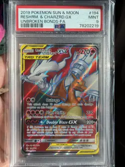2019 POKEMON SUN & MOON UNBROKEN BONDS FULL ART/RESHIRAM & CHARIZARD GX PSA 9 - Image 1
