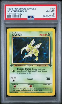 1999 POKEMON JUNGLE 1ST ED #10 SCYTHER-HOLO PSA 8 - Image 1