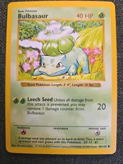 Bulbasaur - Shadowless Base Set - 44/102 - WOTC 1999 - Common Pokemon Card MP - Image 1