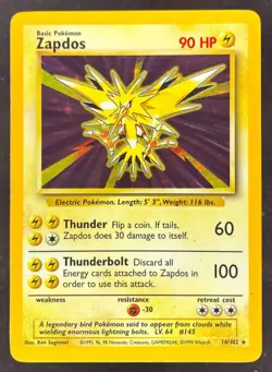 1999 Pokemon Unlimited #16/102 Zapdos Rare Holo - Image 1