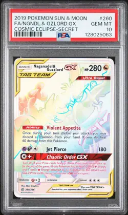 2019 POKEMON SUN & MOON COSMIC ECLIPSE FULL ART/NAGANADEL & GUZZLORD GX PSA 10 - Image 1