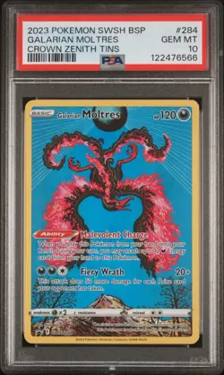2023 POKEMON SWSH BLACK STAR PROMO CROWN ZENITH TIN #284 GALARIAN MOLTRES PSA 10 - Image 1