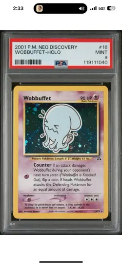 Pokemon TCG Wobbuffet Neo Discovery 16/75 Holo Unlimited Rare Card PSA 9 Mint - Image 1