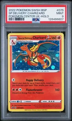 PSA 9 Special Delivery Charizard SWSH075 Pokemon Center UK Holo Black Star Promo - Image 1