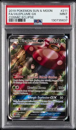 2019 POKEMON SUN & MOON COSMIC ECLIPSE #211 FULL ART/VILEPLUME GX PSA 9 - Image 1