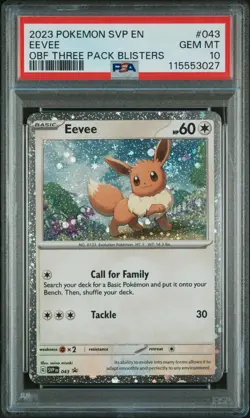 2023 Pokemon Eevee #043 Promo OBF 3-Pack Blister PSA 10 Cosmo Holo ✨Double Swirl - Image 1