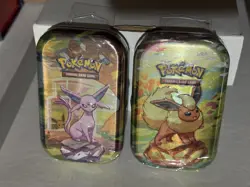 Pokemon Prismatic Evolutions 2 Mini Tins Espeon Flareon 4 Factory Sealed Packs - Image 1