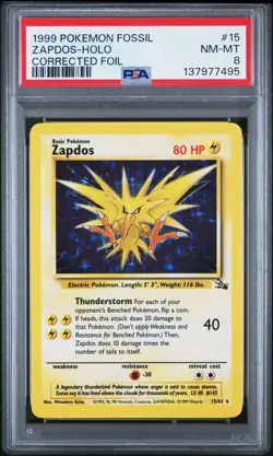 1999 POKEMON FOSSIL #15 ZAPDOS-HOLO PSA 8 - Image 1