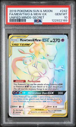 2019 POKEMON SUN & MOON UNIFIED MINDS SECRET FULL ART/MEWTWO & MEW GX PSA 10 - Image 1