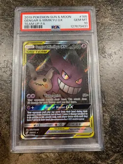 2019 POKEMON SUN & MOON TEAM UP #165 FULL ART/GENGAR & MIMIKYU GX PSA 10 - Image 1