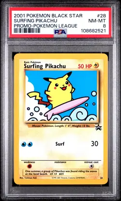 2001 POKEMON PROMO BLACK STAR POKEMON LEAGUE #28 SURFING PIKACHU PSA 8 - Image 1