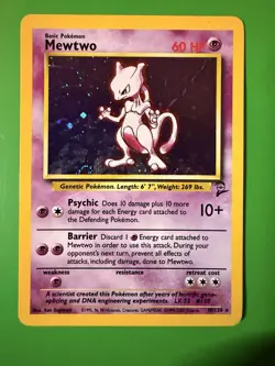 Mewtwo Pokemon Card Shiny Holographic Collectors Trading Card Game Base Set 90s - Image 1