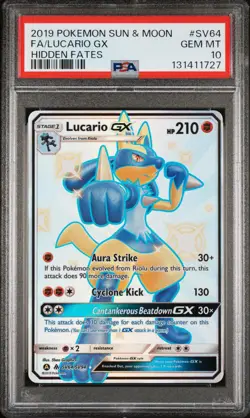 2019 POKEMON SUN & MOON HIDDEN FATES #SV64 FULL ART/LUCARIO GX PSA 10 - Image 1