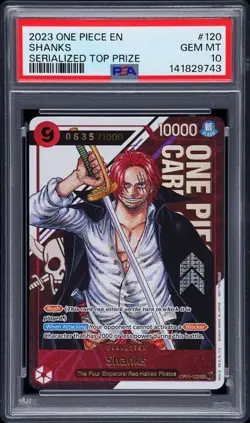 2023 ONE PIECE PROMOS OFFICIAL EVENT SERIALIZED TOP PRIZE SHANKS 635/1000 PSA 10 - Image 1