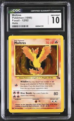 CGC 10 GEM MINT Moltres 1999 Fossil 12/62 Holo Pokemon Card - Image 1