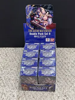 One Piece TCG Double Pack Set 9 The Azure Sea’s Seven Set Of 8 with Display Case - Image 1