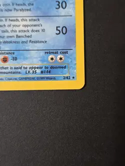 Articuno - 2/62 Pokemon Fossil Unlimited Holo Rare - WOTC Vintage - Image 2