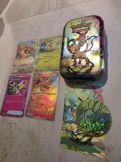 Prismatic Evolutions Eevee / Leafeon 4 Card Bundle With Tin - Image 1
