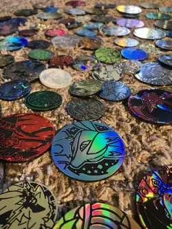 Pokemon card Trading game Coin Lot 60+ Coins Assorted + TIN - Image 2