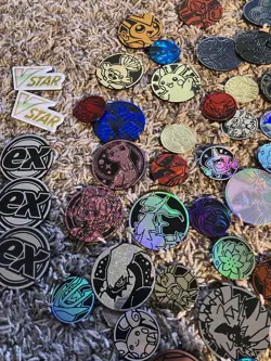 Pokemon card Trading game Coin Lot 60+ Coins Assorted + TIN - Image 4