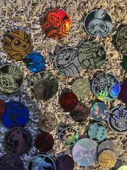 Pokemon card Trading game Coin Lot 60+ Coins Assorted + TIN - Image 5