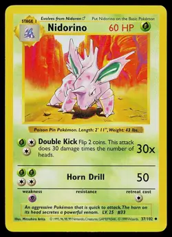 Pokemon Card - Nidorino Base Set (Shadowless) 37/102 Uncommon - Image 1