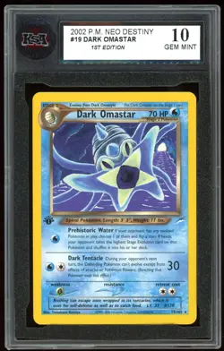 2002 Pokemon Neo Destiny #19 Dark Omastar 1st Edition KSA 10 GEM Mint - Image 1