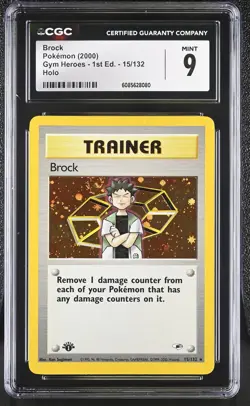 CGC 9 MINT Brock Gym Heroes 1st Edition 15/132 Holo SWIRL Pokemon Card - Image 1