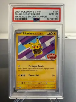 Pokemon TCG PSA 10 GEM MINT Pikachu Berkemja Batik 154/SV-P Promo Indonesian - Image 1