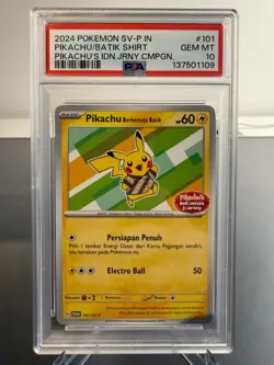 Pokemon TCG PSA 10 GEM MINT Pikachu Berkemja Batik 101/SV-P Promo Indonesian - Image 1